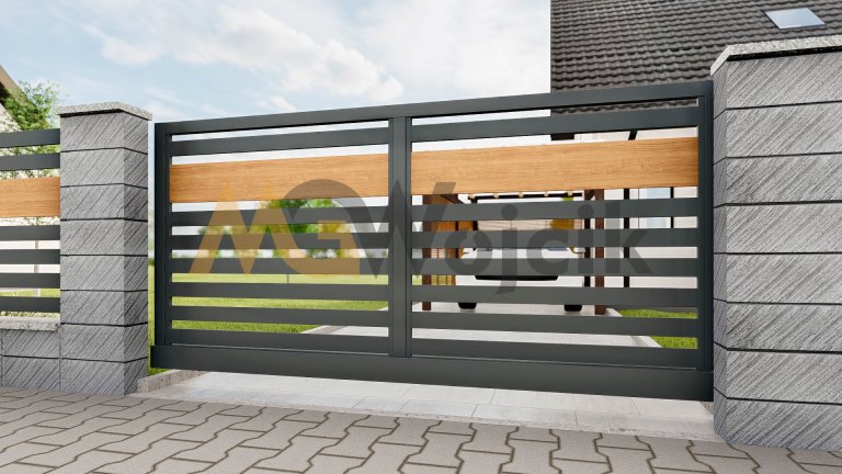 Brama-aluminiowa-dwuskrzydlowa-Modern-100-ze-wstawka-drewnopodobna