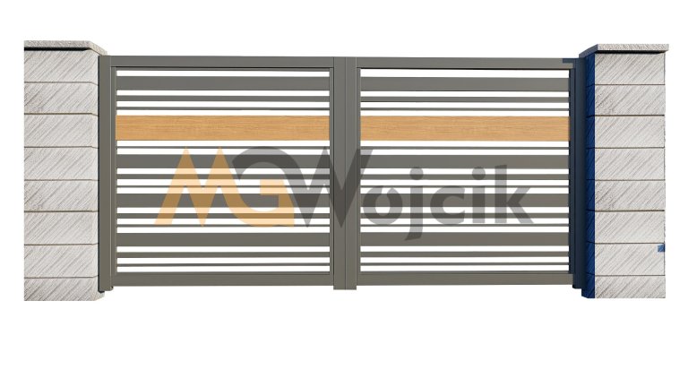 Brama-aluminiowa-dwuskrzydlowa-Modern-100-40-20-ze-wstawka-drewnopodobna-2