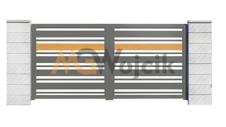 Brama-aluminiowa-dwuskrzydlowa-Modern-150-40-ze-wstawka-drewnopodobna-2
