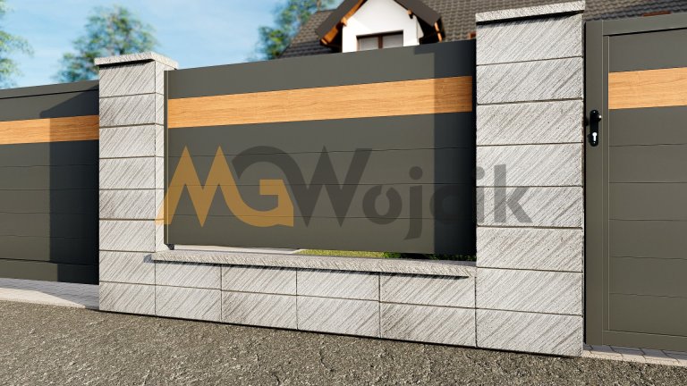 Ogrodzenie-aluminiowe-Modern-200-Pelne-ze-wstawka-drewnopodobna-2